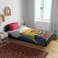 Independence Day bedding set with colorful printed duvet, blue base, red accent pillows