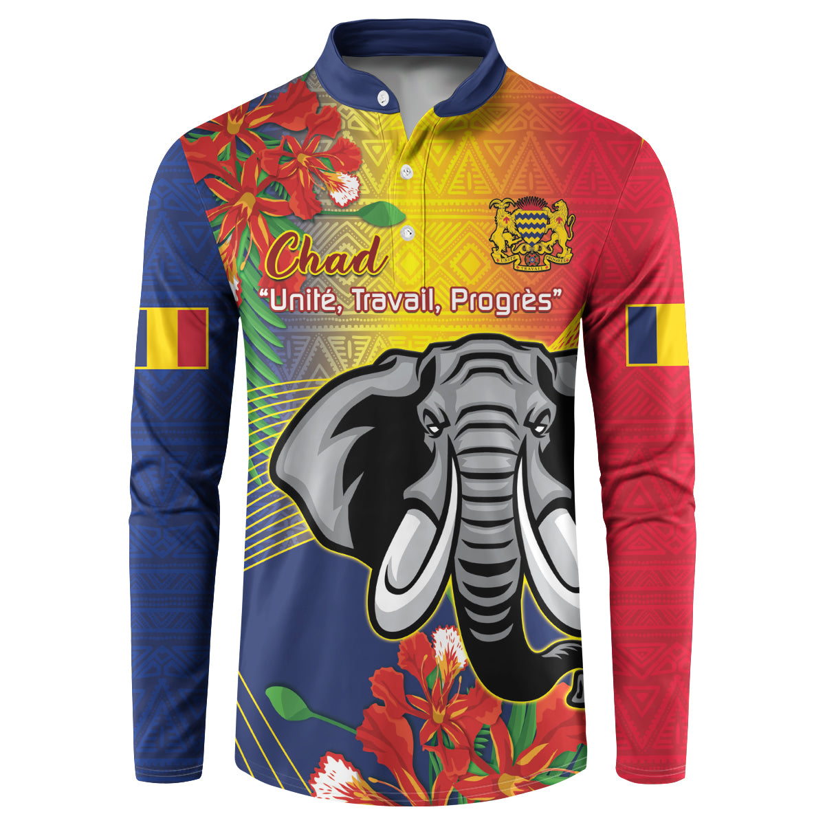 Long-sleeve button sweatshirt with colorful front elephant graphic and floral accents