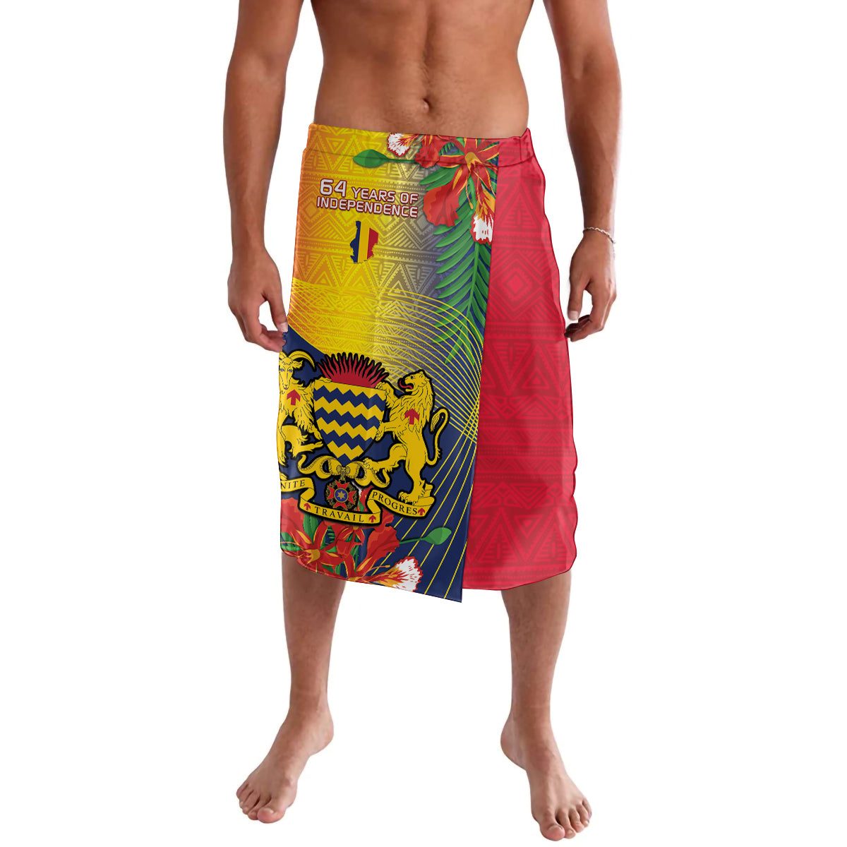 Two-tone lavalava shorts with lion graphic, yellow and red side panels
