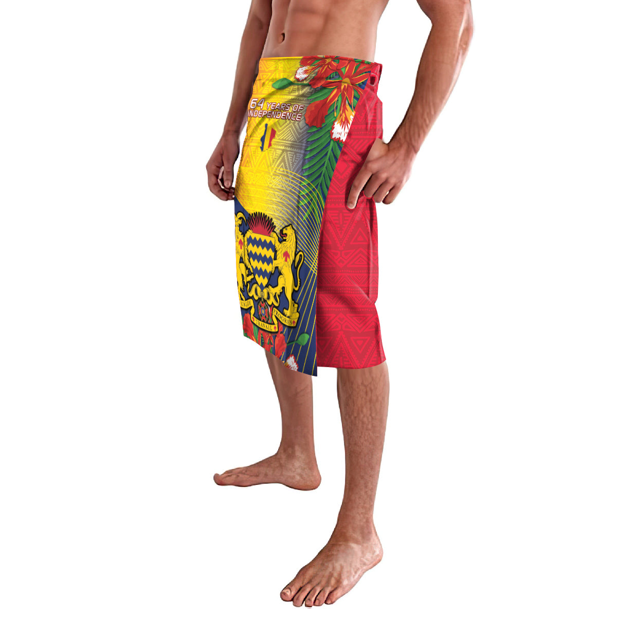 Lavalava shorts with yellow-green front graphic and red patterned side panels