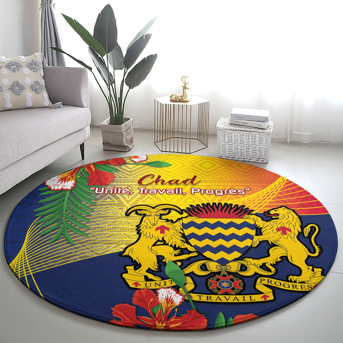 Round blue round carpet with yellow, red, green emblem and lions graphic