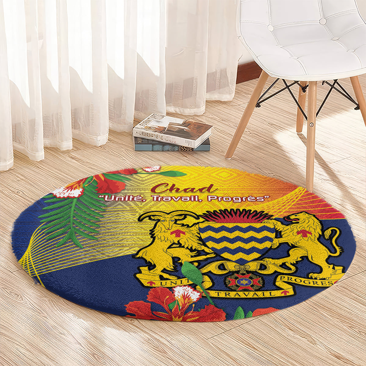 Round Chad independence day carpet with blue, red, and yellow crest design