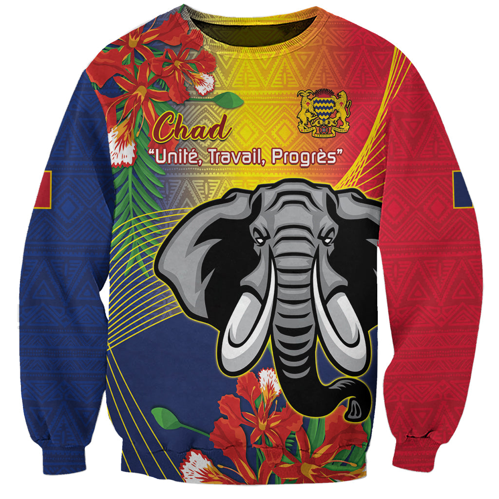 Multicolor graphic sweatshirt with "Chad" text and large elephant face graphic