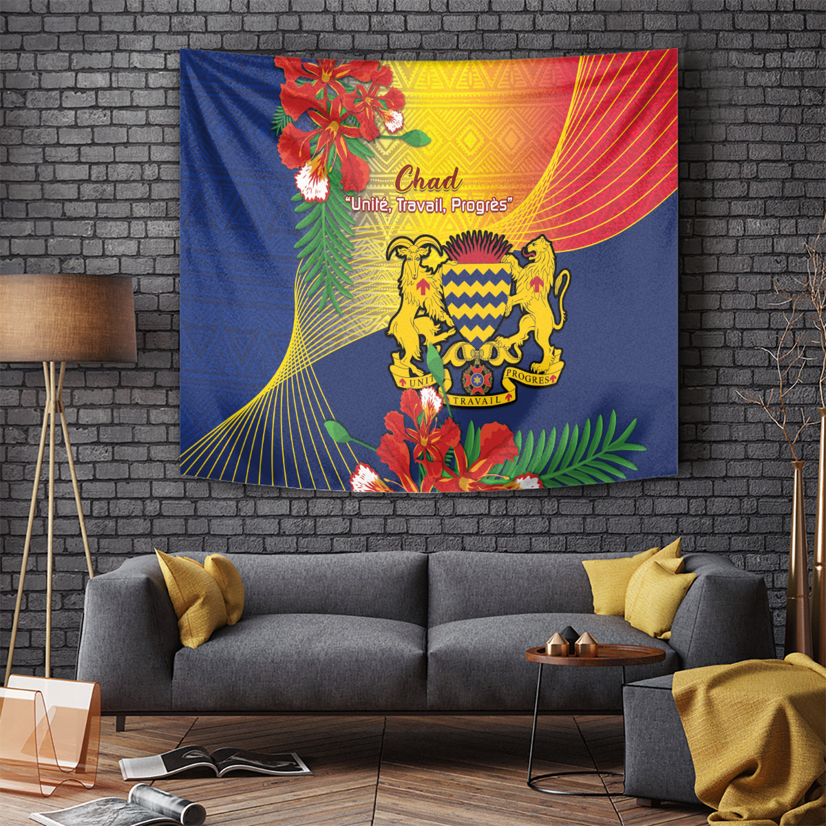 Chad independence tapestry with blue backdrop, golden lion emblem, tropical leaves, flowers, and rays