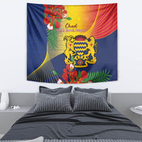 Chad independence tapestry with blue backdrop, golden crest, lions, tropical leaves, and flowers