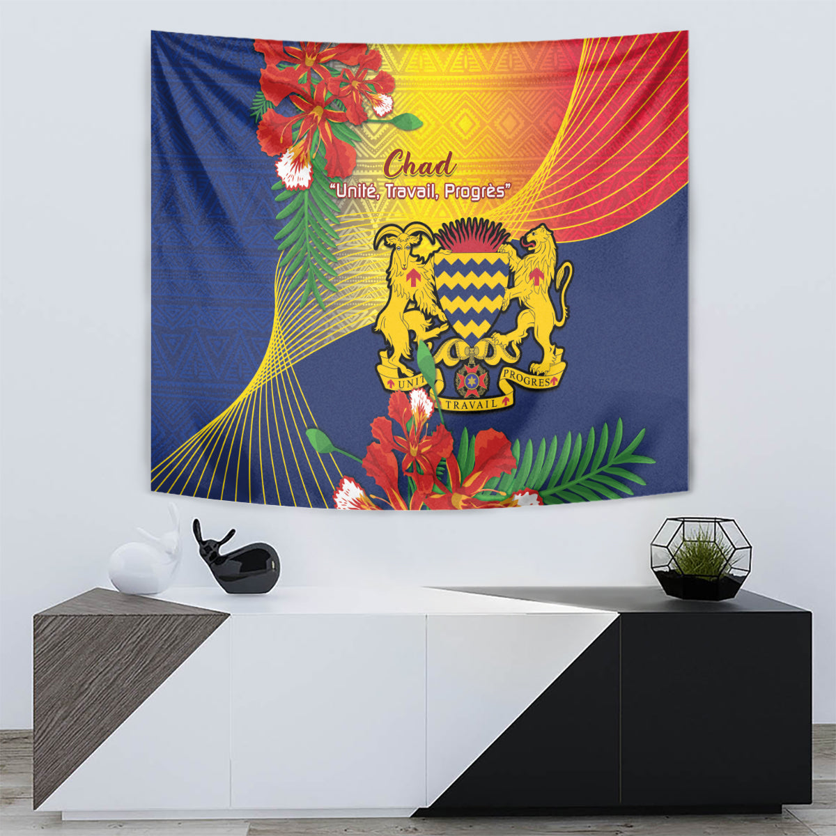 Chad independence tapestry on blue background with golden lion emblem, tropical flowers and leaves