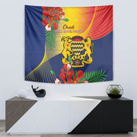Chad independence tapestry on blue background with golden lion emblem, tropical flowers and leaves