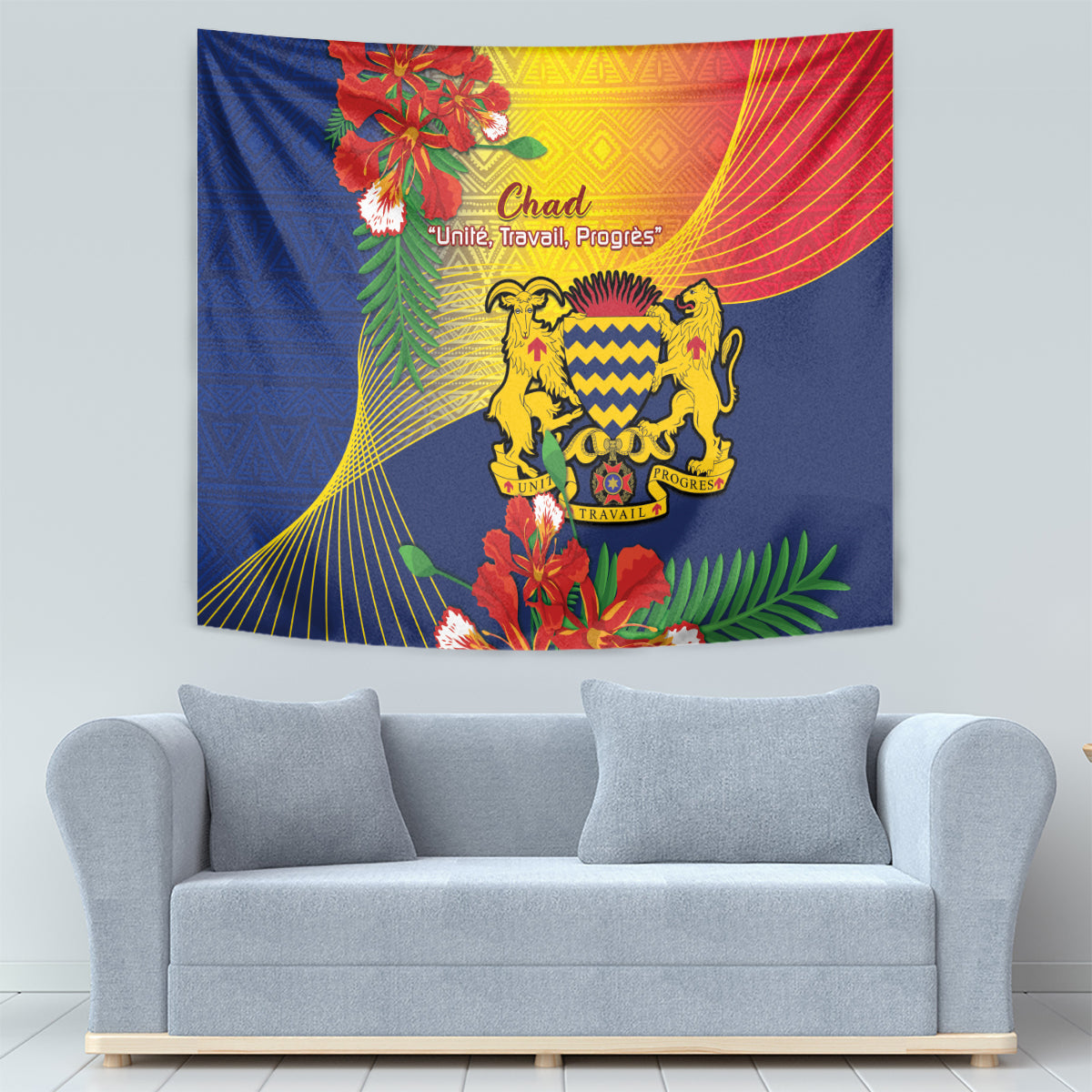 Chad independence tapestry with blue background, golden crest, lions, and tropical foliage border