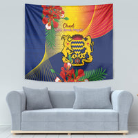 Chad independence tapestry with blue background, golden crest, lions, and tropical foliage border