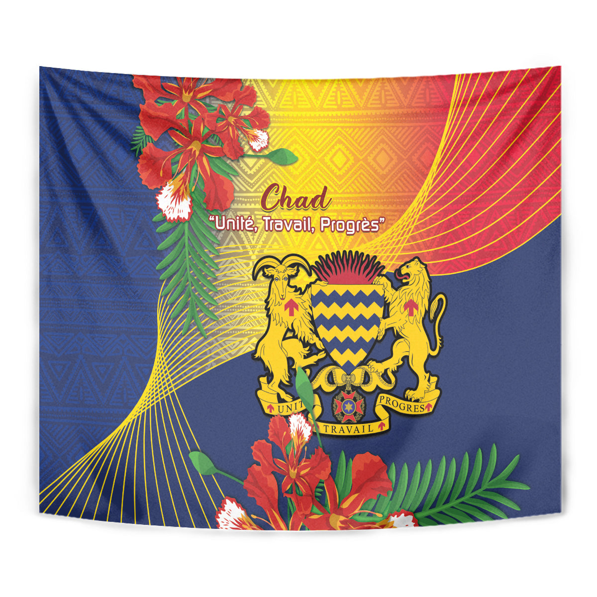 Chad independence tapestry close-up with blue background, golden lion crest, flowers and rays