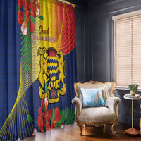 Single window curtain panel with blue, yellow, and red lion emblem and floral accents