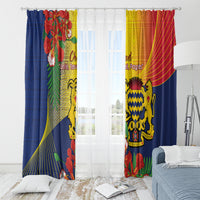 Window curtain panels with blue, yellow, and red patriotic print and lion badge