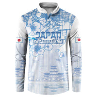 Blue-and-white button sweatshirt with city map and skyline print, cherry blossoms, Japan flag patch