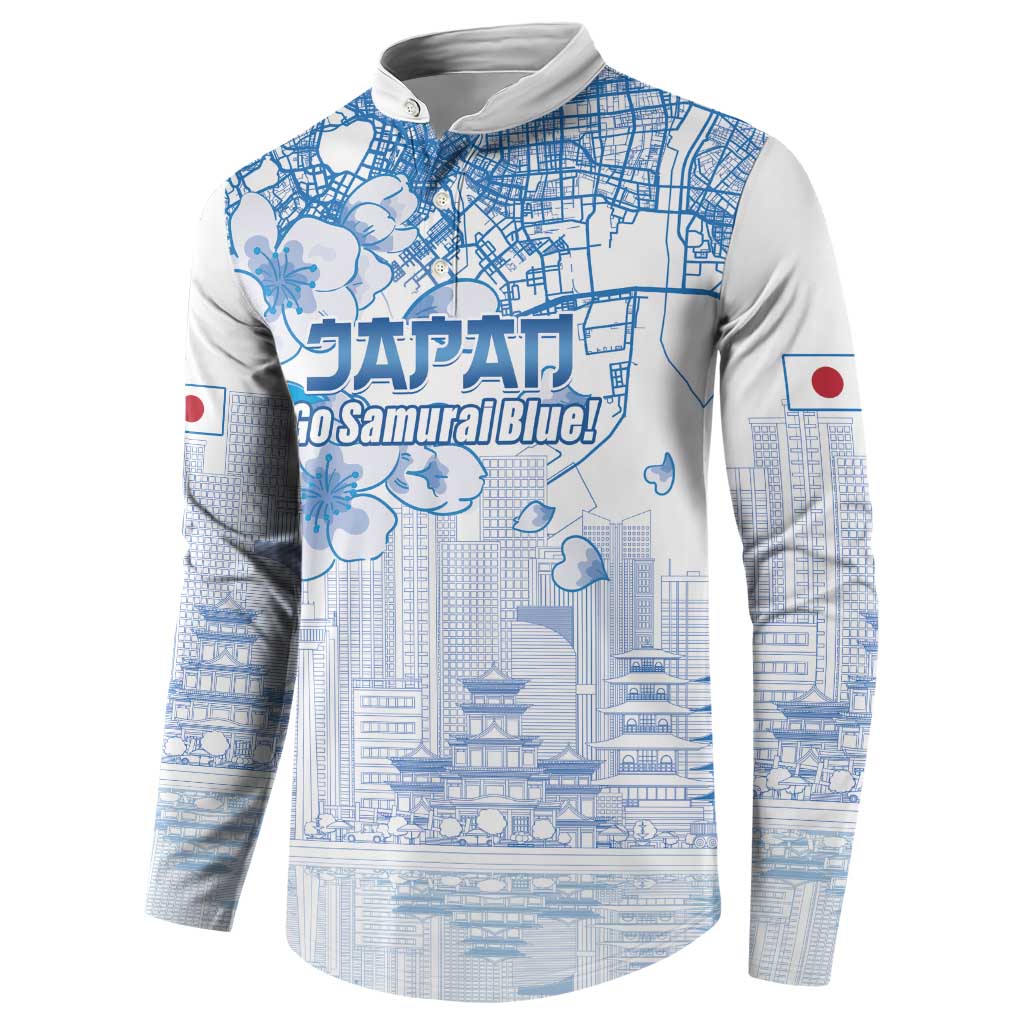 Blue-and-white button sweatshirt with front city map print, cherry blossoms, Japan flag sleeve patch