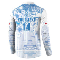 Blue-and-white button sweatshirt, back print with city map and cherry blossoms, Japan flag sleeve patch