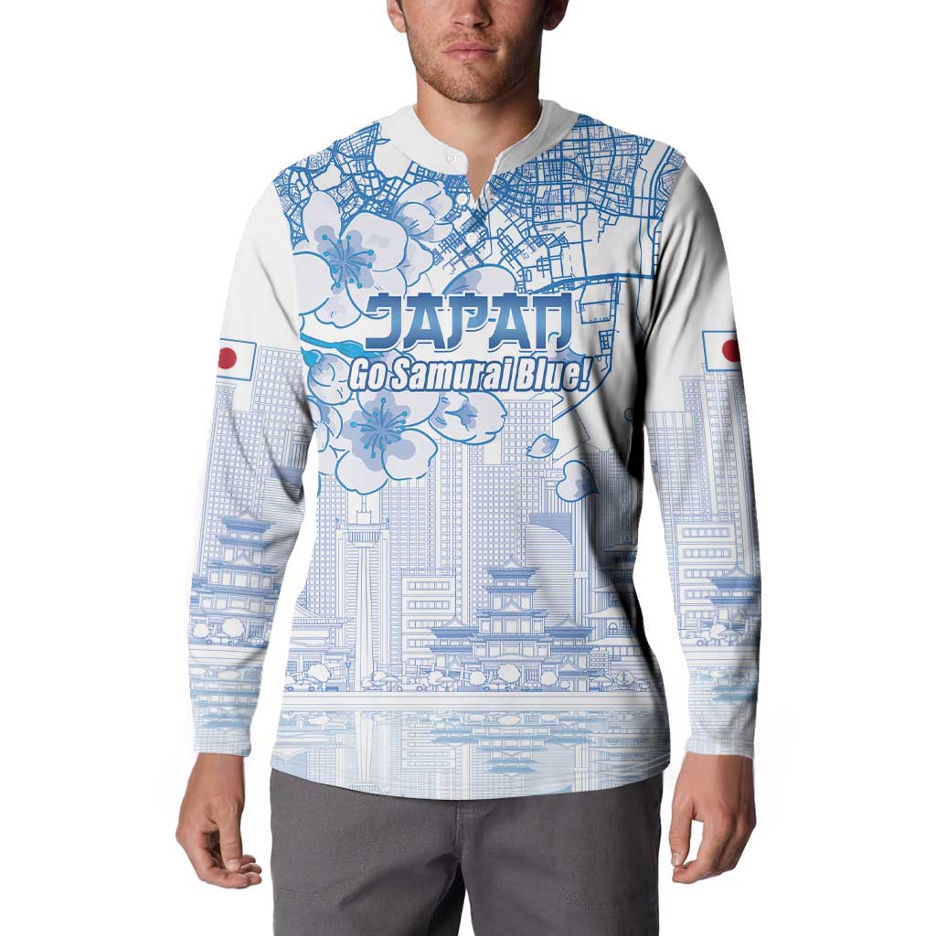 Blue-and-white button sweatshirt with front city skyline graphic, cherry blossoms, Japan flag sleeve patch