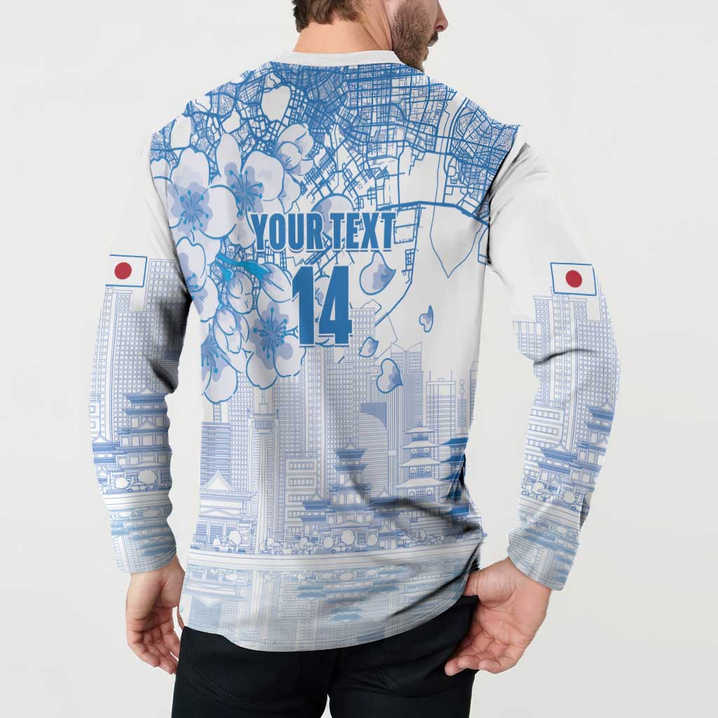 Blue-and-white button sweatshirt with large back city map print, cherry blossoms, Japan flag sleeve patch
