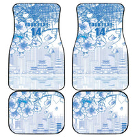 Blue car mat set of four with detailed floral and city scene, rounded corners