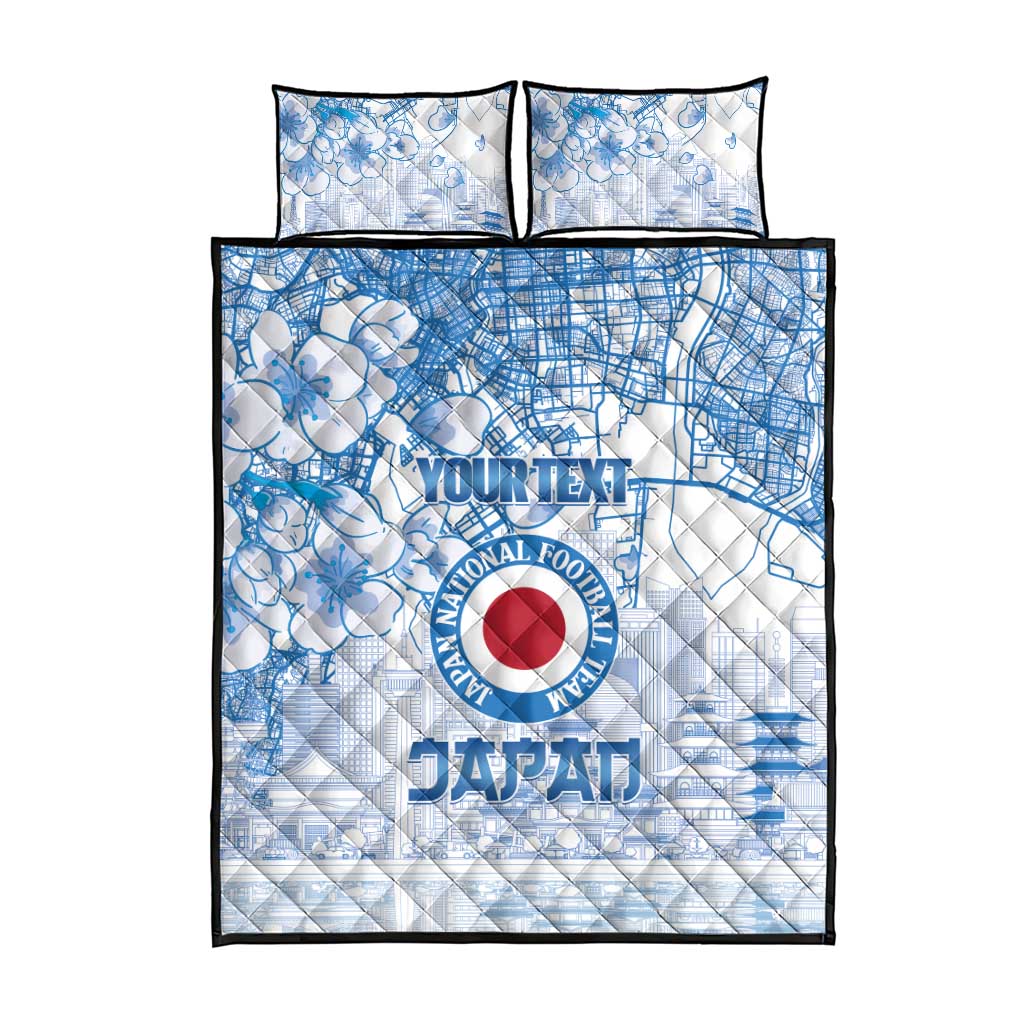 Blue and white quilt bed set with two pillows, Japan football emblem on duvet top