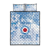 Blue and white quilt bed set with two pillows, Japan football emblem on duvet top
