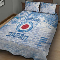 Blue and white quilt bed set with two pillows featuring Japan football emblem and city map print