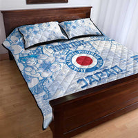 Blue and white quilt bed set with two pillows, Japan football emblem and graphic city lines