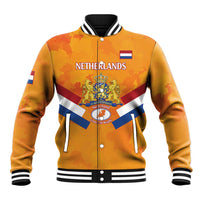 Orange camo baseball jacket with Netherlands flag, front button-up and crest logo