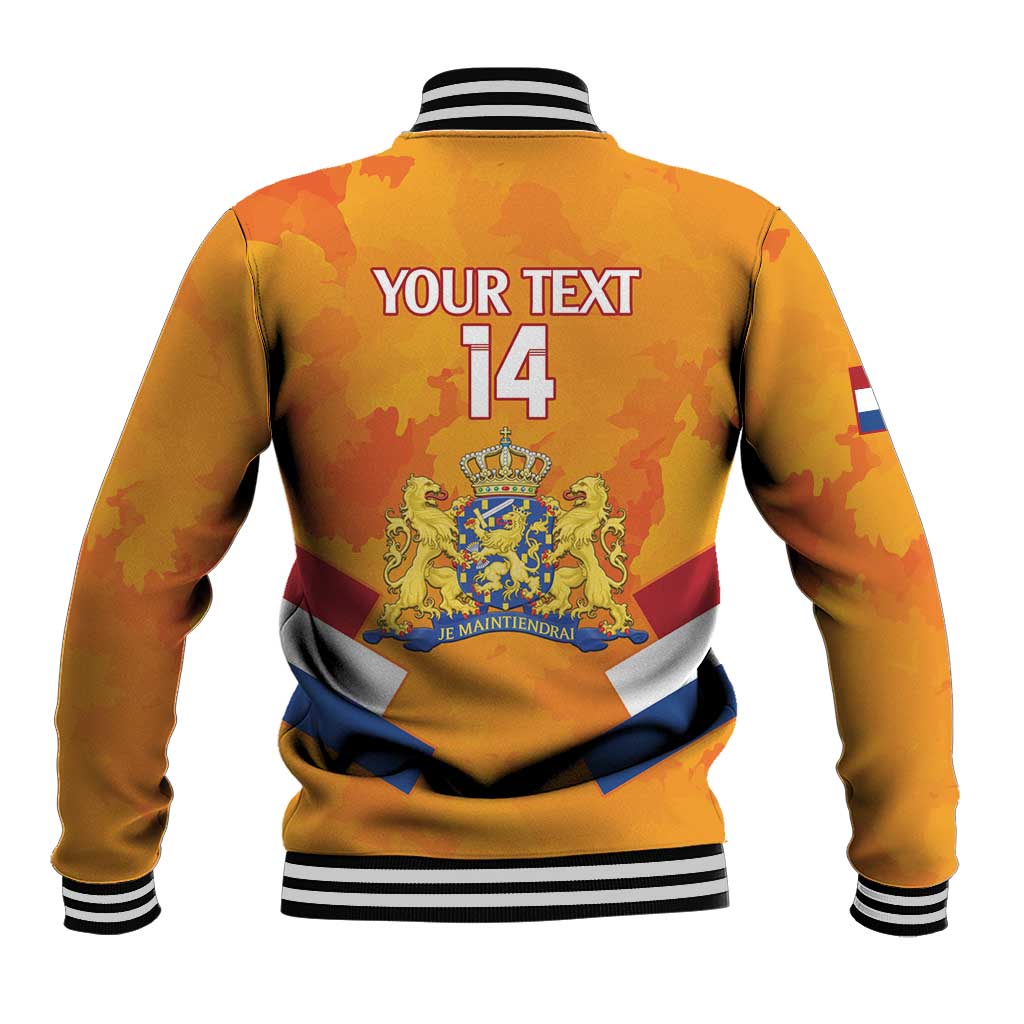 Orange camo baseball jacket, striped rib collar and cuffs, back crest and 14 graphic