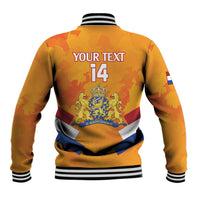 Orange camo baseball jacket, striped rib collar and cuffs, back crest and 14 graphic