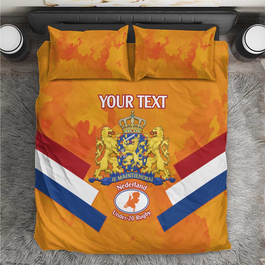 Orange rugby bedding set with pillows, Netherlands crest, striped graphic, Your Text