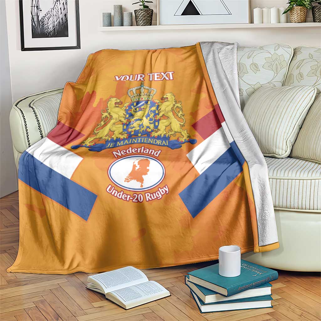 Orange Netherlands rugby blanket with custom text, crest, and flag stripes