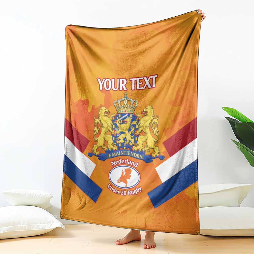 Orange Netherlands rugby blanket with custom text, crest, and flag stripes