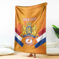 Orange Netherlands rugby blanket with custom text, crest, and flag stripes