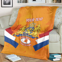 Orange Netherlands rugby blanket with custom text, lion crest, and flag stripes