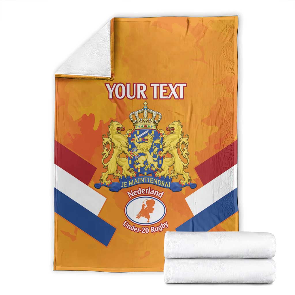 Orange Netherlands rugby blanket folded, with custom text, crest, and flag stripes