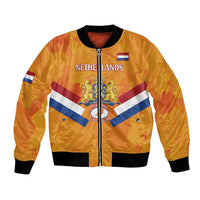 Orange bomber jacket with front zipper, black ribbed trim, Netherlands crest and flag