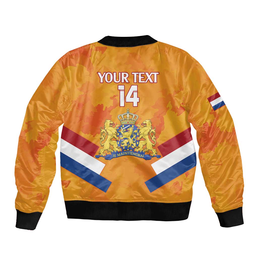 Orange bomber jacket back with crest, 'YOUR TEXT' and '14', black ribbed hem and cuffs