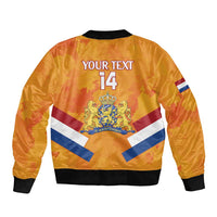 Orange bomber jacket back with crest, 'YOUR TEXT' and '14', black ribbed hem and cuffs
