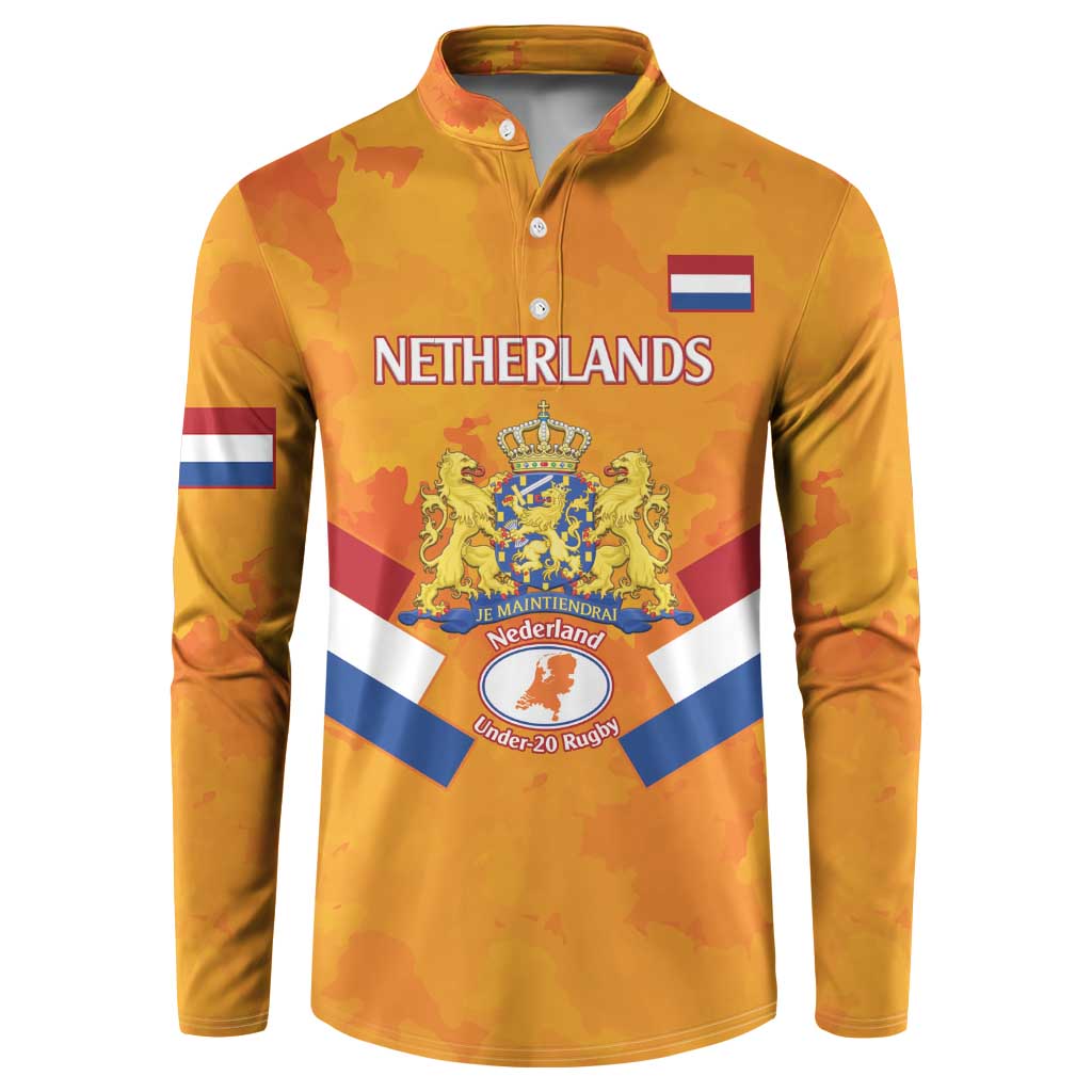 Orange Netherlands rugby button sweatshirt with crest and stripe accents