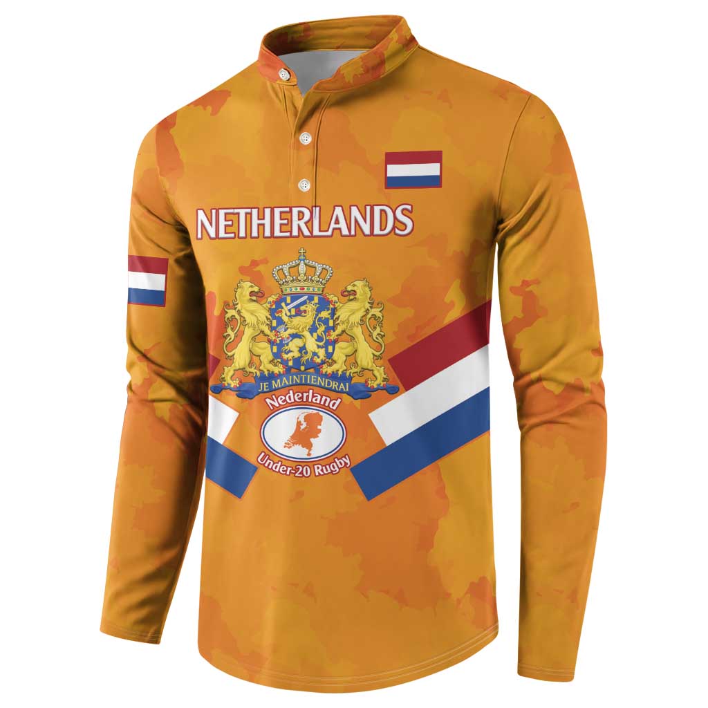 Orange Netherlands rugby button sweatshirt front with NETHERLANDS wordmark and crest