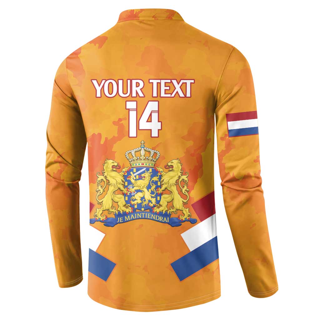 Orange Netherlands rugby button sweatshirt back with crest, flag stripe and YOUR TEXT 14