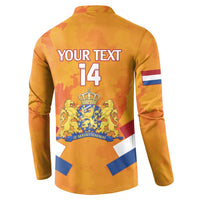 Orange Netherlands rugby button sweatshirt back with crest, flag stripe and YOUR TEXT 14