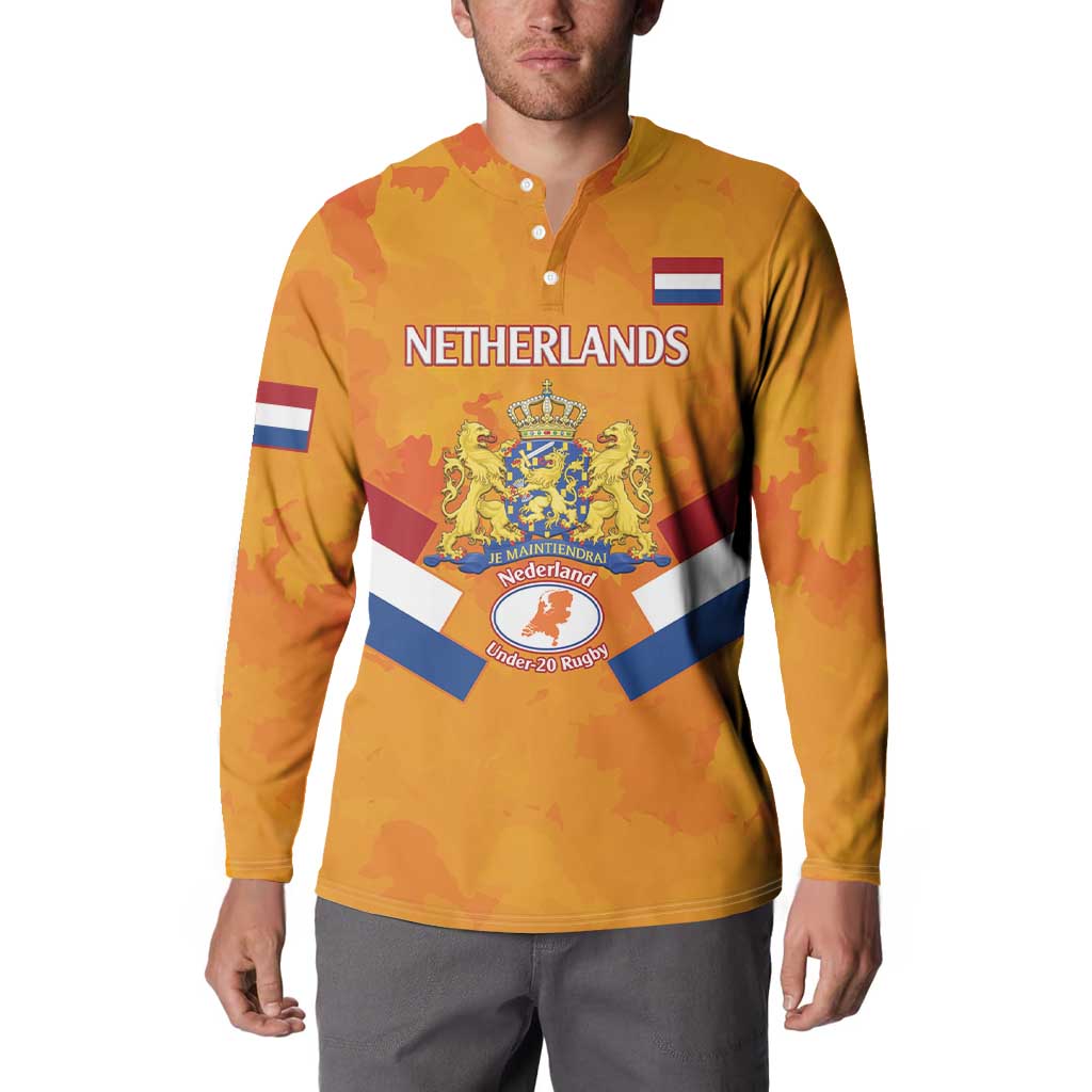 Orange Netherlands rugby button sweatshirt worn—front crest and flag stripe design