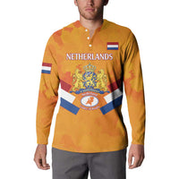 Orange Netherlands rugby button sweatshirt worn—front crest and flag stripe design