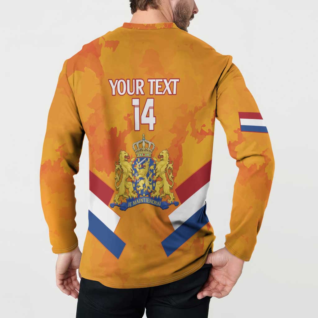 Orange Netherlands rugby button sweatshirt back with YOUR TEXT and number 14