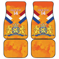 Set of orange custom Netherlands rugby car mats with crest, blue-white stripes, and “YOUR TEXT 14”.