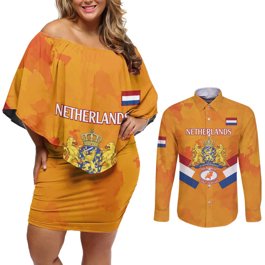 Custom Netherlands Rugby Couples Matching Off Shoulder Short Dress and Long Sleeve Button Shirt 2024 Go Champions Nederland - Wonder Print Shop