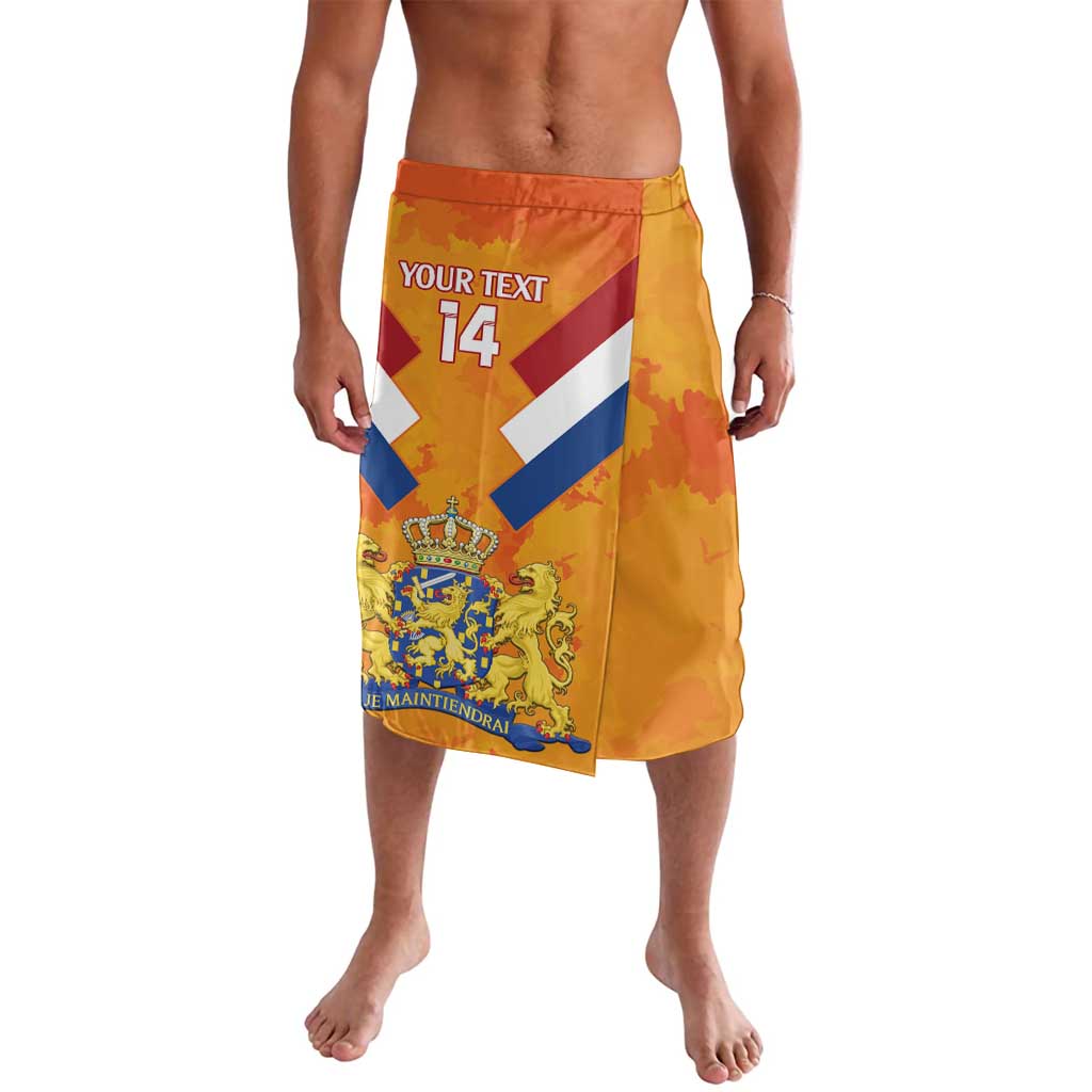 Orange custom rugby lavalava shorts with blue diagonal cross and crest, front view