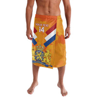 Orange custom rugby lavalava shorts with blue diagonal cross and crest, front view