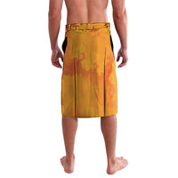 Orange camo rugby lavalava shorts with elastic waistband, back view